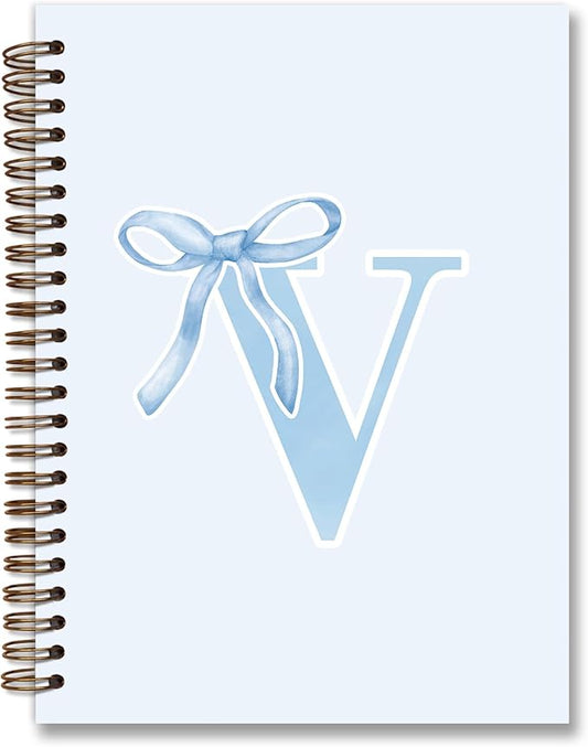 Initial V Notebook Journal,Personalized Teen Girl Gifts,Coquette Trendy Preppy Blue Bow Spiral Notebook,Monogrammed Gifts for Women Teen Girl,College Ruled Hardcover Spiral Notebook 5.5 x 8.3-DeskLoop Office