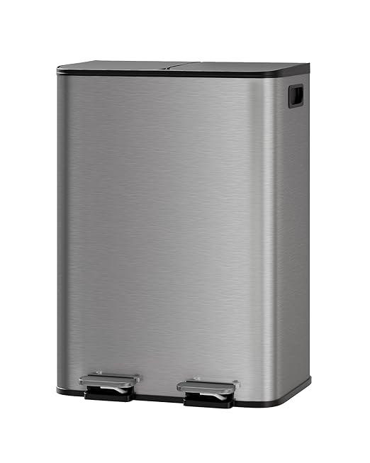 GarveeHome 2 x 8 Gallon Stainless Steel Double Trash Can with Lid for Kitchen, Large Dual Trash and Recycle Bin Combo, Step-on Kitchen Metal Garbage Cans, PP Inner Buckets, Liner Rim, Matte Grey-DeskLoop Office