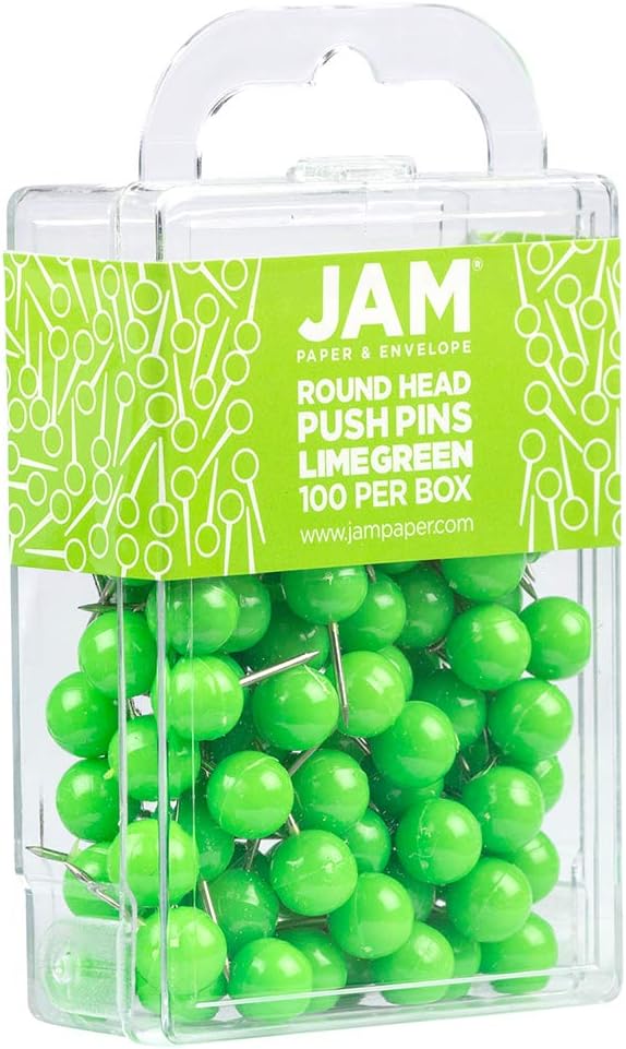 JAM PAPER Colorful Push Pins - Round Head Map Thumb Tacks - Lime Green Pushpins - 100/Pack-DeskLoop Office