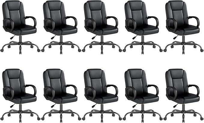 ZZH Executive Office Chair, Leather Desk Computer Chair with Armrests, Mid-Back Swivel Adjustable for Home Office, 10PC, Black-DeskLoop Office