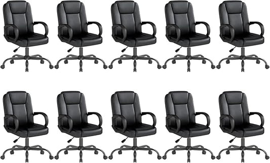 ZZH Executive Office Chair, Leather Desk Computer Chair with Armrests, Mid-Back Swivel Adjustable for Home Office, 10PC, Black-DeskLoop Office