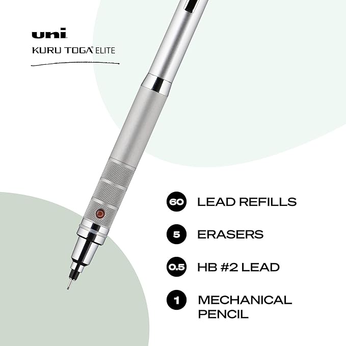 Uniball Kuru Toga Elite Mechanical Pencil Starter Kit with Silver Barrel and 0.5mm Tip; 60 Lead Refills; and 5 Pencil Eraser Refills; HB #2; Office Supplies; School Supplies; Drafting-DeskLoop Office