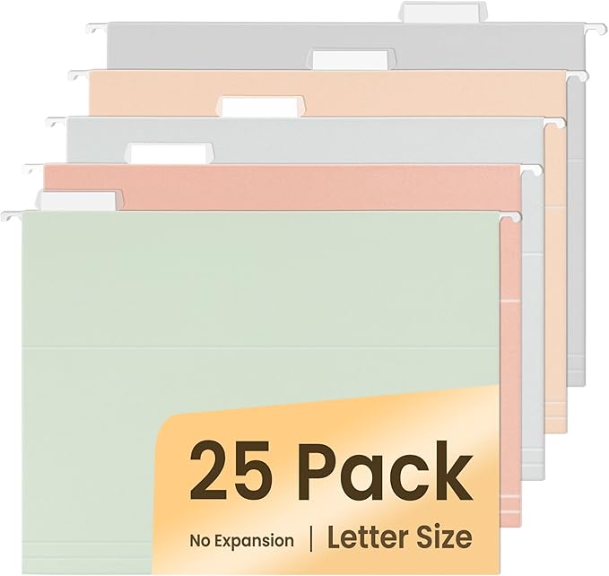 SUNEE 25 Count Hanging File Folders, Pastel Colors, Hanging File Folders Letter Size, Hanging Folders with 1/5-cut Tabs, Designed for Bulky Files, Filing Cabinets, Medical Charts-DeskLoop Office
