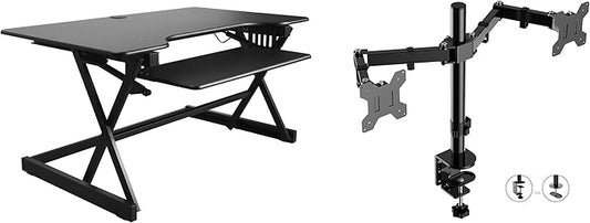 Rocelco 40" Height Adjustable Standing Desk Converter with AC Outlet USB Charger and Dual Monitor Arm Mount - Sit Stand Up Tabletop Riser - Sliding Keyboard Tray - Black (R DADRB-40-ACUSB-DM2)-DeskLoop Office