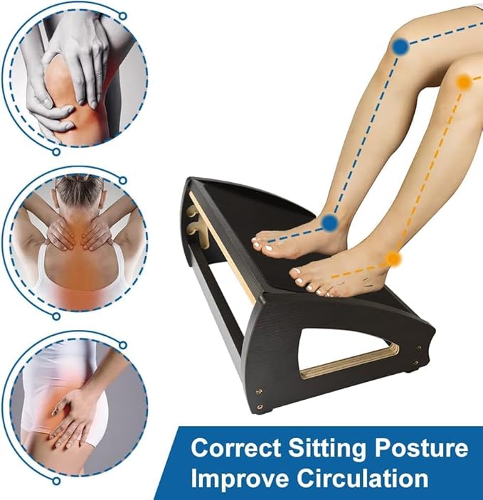 StrongTek Ergonomic Under Desk Footrest, 3 Adjustable Heights Wooden Office Footrest, Large Anti-Slip Surface, Improves Posture and Blood Circulation, up to 400lbs (Black)-DeskLoop Office