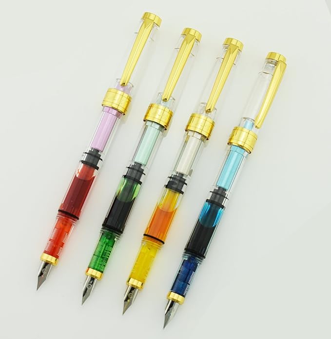 Lanxivi 4 PCS Yongsheng 3008 Piston Fountain Pen Fine Nib Transparent Diversity Color Gold Trim Set-DeskLoop Office