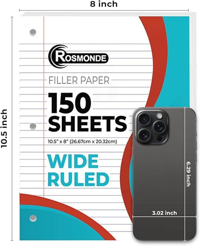Loose Leaf Paper Bulk, 7200 Sheets, Wide Ruled Sheets, Bulk Notebook Paper, 8" x 10.5", Loose Leaf Papers, 3 Hole Punched for Standard Binders, 48 Pack, 150 Sheets/Pack, Filler-Paper, White-DeskLoop Office