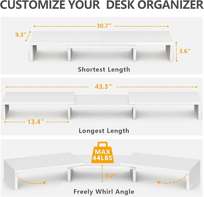 TAVR Furniture Dual Monitor Stand Riser, Computer Monitor Stands for 2 Monitors, Extra Long Multifunctional Desktop Organizer Riser for Computer, Laptop, PC, Printer, TV, Max 43.3" Length, White-DeskLoop Office