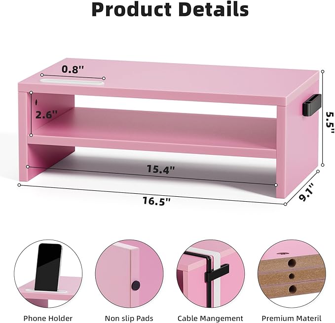 Marbrasse Monitor Stand Riser, 16.5 Inch 2 Tier Computer Printer Shelf Stand for Laptop Computer Screen Storage, Desktop Stand with Phone Holder and Cable Management (Pink)-DeskLoop Office