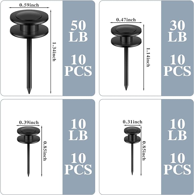 Ferraycle 40 Piece Double Headed Picture Hangers Nails 4 Size Long Thumb Tacks for Wall Hanging Decorative Nails Push Pins Picture Hooks for Drywall Photo Decor, 10/20/ 30/ 50lb(Black)-DeskLoop Office