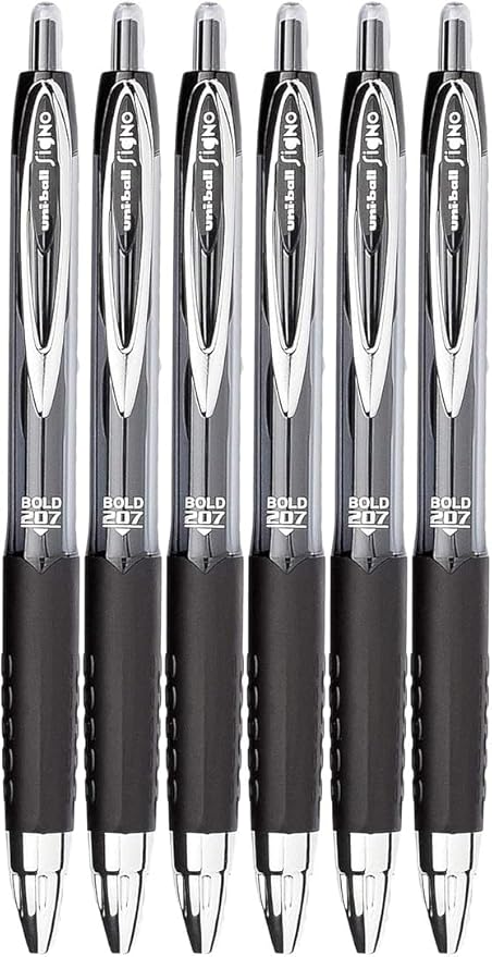 Signo 207 Roller Ball Retractable Gel Pens, Bold Point (1.0mm), Black Ink, 6 Count, Bundle with Plastic Reusable Pouch-DeskLoop Office