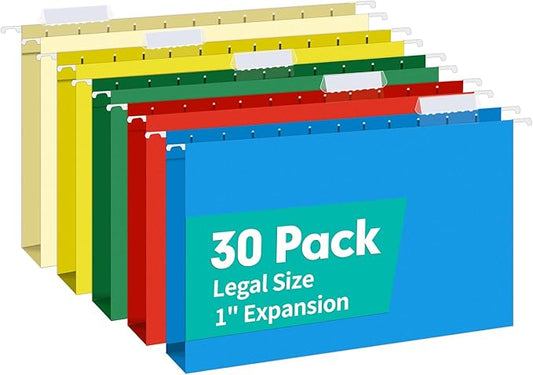 HERKKA Extra Capacity Legal Size Hanging File Folders, 30 Pack Reinforced Legal Size Hanging Folders with Heavy Duty 1 Inch Expansion, Designed for Bulky Files, Medical Charts, Assorted Colors-DeskLoop Office