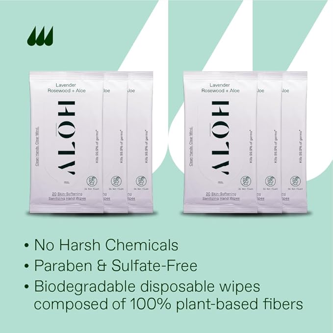 ALŌH Lavender Rosewood + Aloe Sanitizing Hand Wipes - Clean Hands, Clear Mind - On The Go Hand Sanitizer Wipes for Kids and Adults - Travel Size 6 Pack, 20ct (120 wipe)-DeskLoop Office