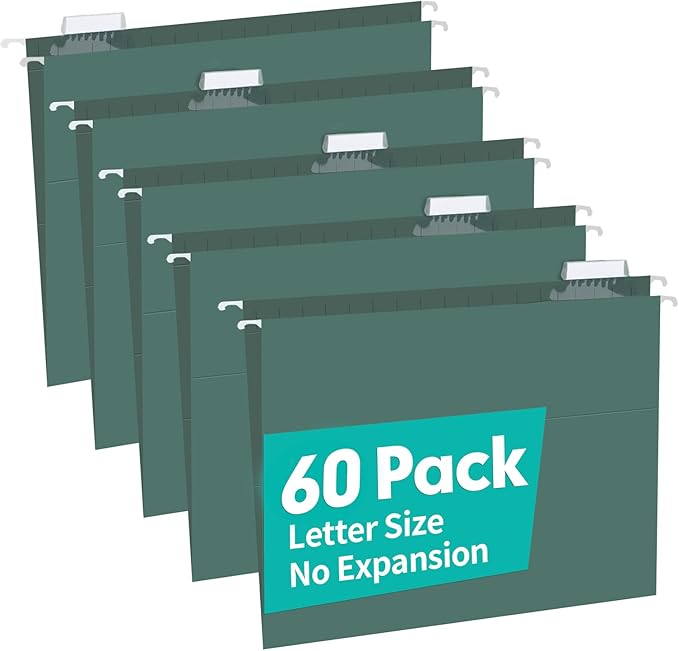 HERKKA Extra Capacity Hanging File Folders, 60 Pack Reinforced Letter Size Hanging Folders with Heavy Duty 0 Inch Expansion, Designed for Bulky Files, Green-DeskLoop Office