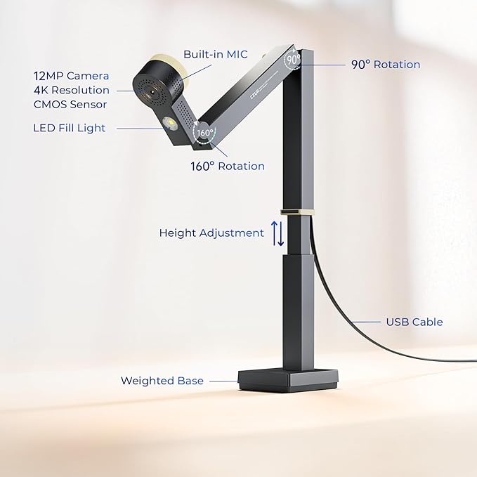 CZUR Fancy S Pro 12MP USB Document Camera for Teacher, 4K Webcam with Microphone and LED Light, Up to 60fps, Auto Focus, for Remote Teaching, Live Streaming, Web Conference, for Mac and Windows-DeskLoop Office