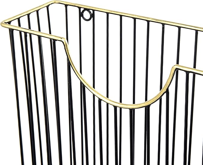 MyGift Art Deco Style Matte Black Metal Wire Magazine Rack with Brass Tone Rim - Wall Mounted Holder Storage Basket for Mail - Handcrafted in India-DeskLoop Office