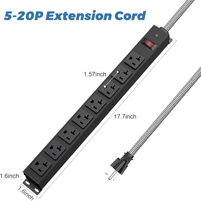 20 Amp Power Strip Heavy Duty, 12 Gauge Extension Cord for Appliance Workbench Garage Industrial, Metal 8 Outlets Combine with T-Plug Adapter 5-20R T-Slot, 1200J Surge Protector-DeskLoop Office