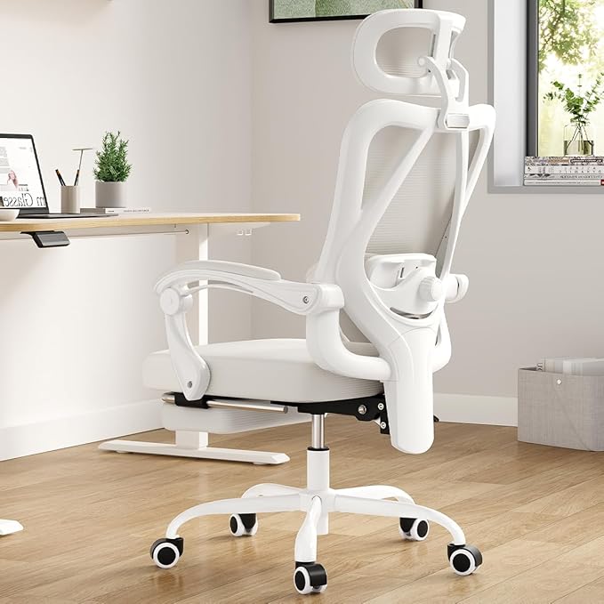Farini Ergonomic Office Chair with Footrest, Mesh Office Desk Chair with Headrest, High Back Computer Chair with Adjustable Lumbar Support for Home Office Study Room Bedroom, White & Beige-DeskLoop Office