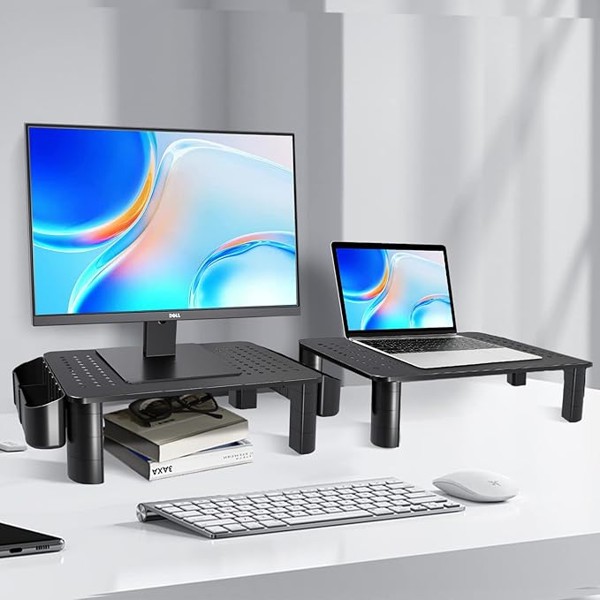 Pholiten 2 Pack Monitor Stand Riser, 3 Height Adjustable Monitor Stand, Flat Screen TV Monitor Stand Riser, Sturdy Metal Laptop Computer Monitor Stand Shelf for Printer, iMac,Premium Metal Monitor Risers for 2 Monitors-DeskLoop Office