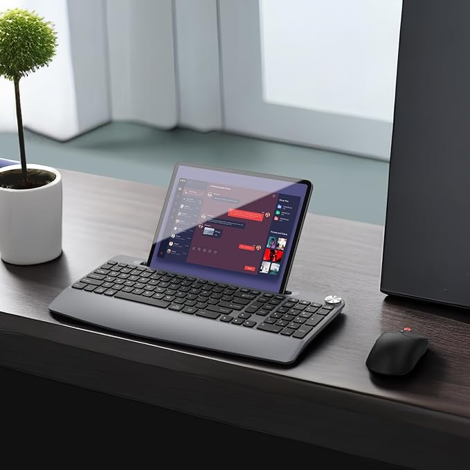 Ergonomic Wireless Keyboard and Mouse with Wrist Rest,Phone Holder - 2.4GHz Full-Sized Low-Profile Quiet Wireless Mouse and Keyboard Combo for Computer, Laptop, PC, Mac-Grey-DeskLoop Office