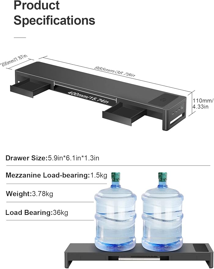 meatanty Dual Monitor Stand Riser with 2 Drawers,4 USB Ports and Charging Pad,Metal Monitor Stand for 2 Monitors Supports Transfer Data and Charging,Desk Organizer for PC,iMac(38.7 inches)-DeskLoop Office