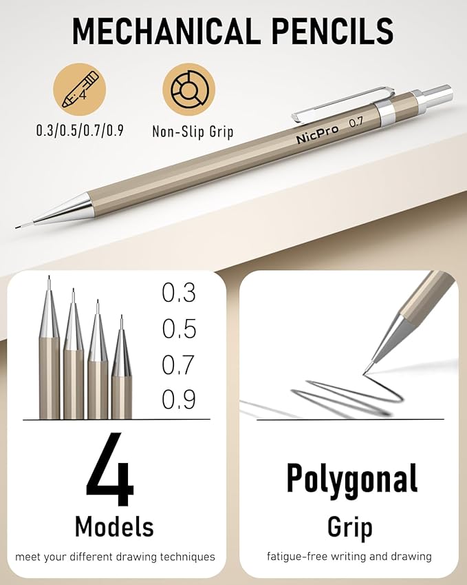 Nicpro 5 PCS Art Mechanical Pencils Set, Metal Drafting Pencil 0.3 & 0.5 & 0.7 & 0.9 & 2mm Graphite Lead Holder(4B 2B HB 2H Colored) for Sketching Drawing With Lead Refills Eraser Case-DeskLoop Office