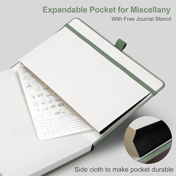 AHGXG Bullet Dotted Journal - 150 GSM Dot Grid Notebook Journal, Thick Acid-Free Paper, A5 Dotted Notebook 128 Pages, Leather Hardcover, Inner Pocket, Journal Stencil, 5.7'' × 8.3'' - Sage Green-DeskLoop Office