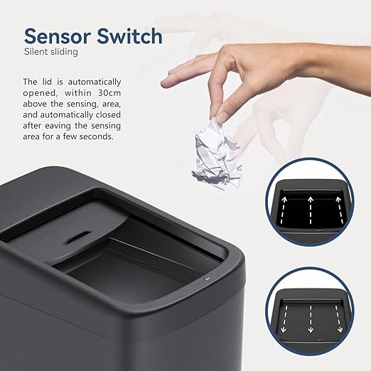 ELLO&ALLO Garbage Can Motion Sensor Trash Can 13 Gallon for Kitchen with Roll Up Lid, Automatic Touch Free High-Capacity with Wheels Black Waste Bin-DeskLoop Office