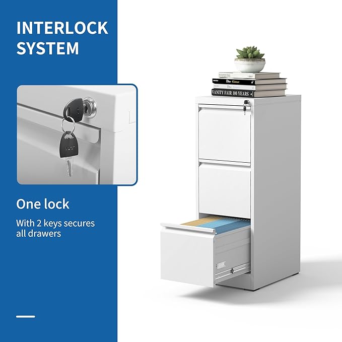 3 Drawer File Cabinet with Lock, Vertical Filing Cabinets for Home Office, Locking File Cabinet Hanging Files for A4/ Legal/Letter, Require Assembly, White-DeskLoop Office