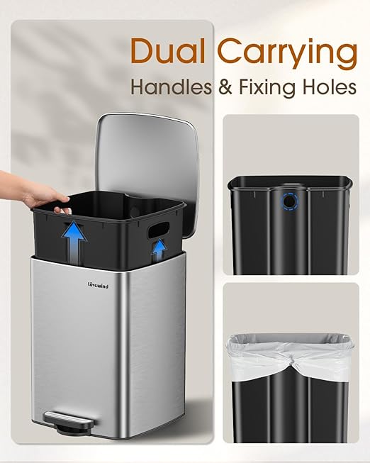 Lovewind Kitchen Trash Can with Lid, 5.2 Gallon/20 L Footstep Garbage Can for Kitchen Bedroom Home Office, 20 Liter Trash Bin Brushed Stainless Steel Waste Bin with Soft-Close Lid,Silver-DeskLoop Office