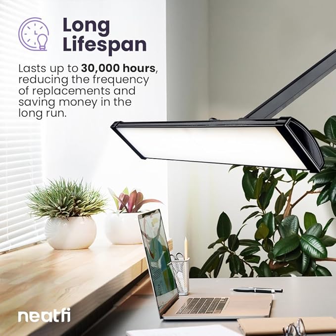 Neatfi Ultra 3,500 Lumen LED Desk Lamp, 45W, 26-Inch Wide Metal Shade, 270 SMD LEDs (Non-CCT with Clamp, Black)-DeskLoop Office