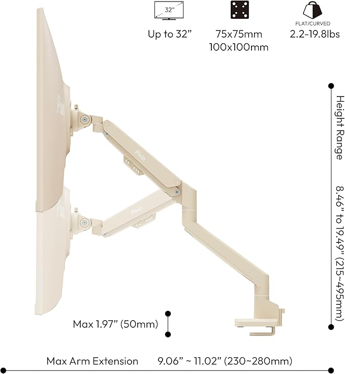 Pixio PS1S Wave Beige Single Monitor Arm Stand Desk Mount - Fits up to 32 inches Monitors and up to 19.8lbs. VESA Compatibility and Integrated Cable Management-DeskLoop Office