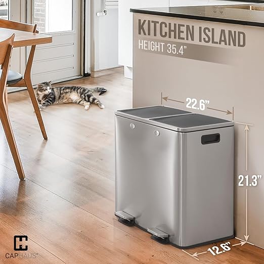 CAPHAUS Dual Trash Can with Double Lid, Trash and Recycle Bins Combo, Hands-free Stainless-Steel Garbage Can for Kitchen, with 2 Compartment, Hinged Lid, Odor Filters, Handles, 25L+25L, 2 x 6.6 Gallon-DeskLoop Office