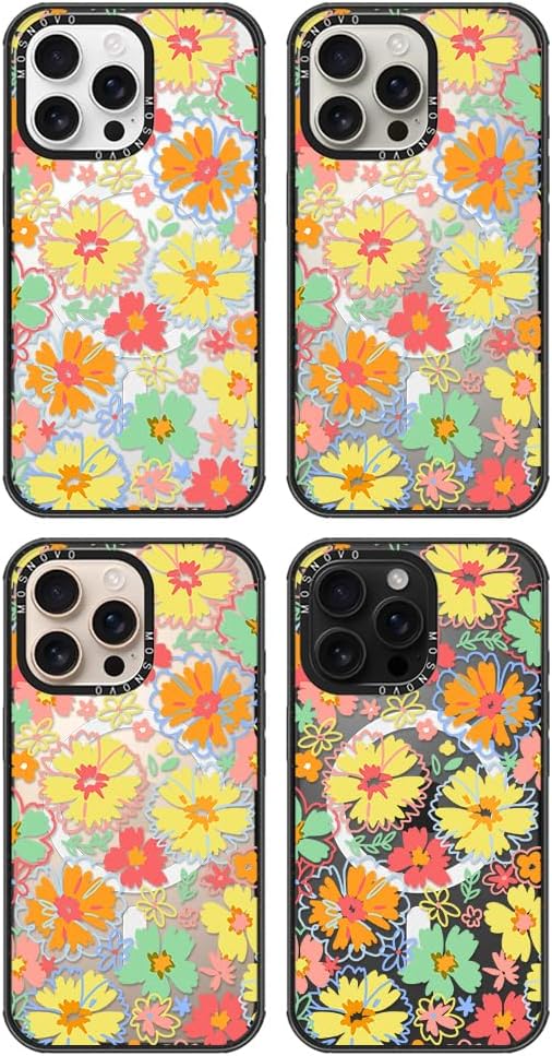 MOSNOVO Magnetic Case for iPhone 16 Pro Max, 10ft Military-Grade Protection, Compatible with Magsafe, Shockproof Phone Case for iPhone 16 Pro Max - Retro Boho Hippie Flowers - Clear Black-DeskLoop Office