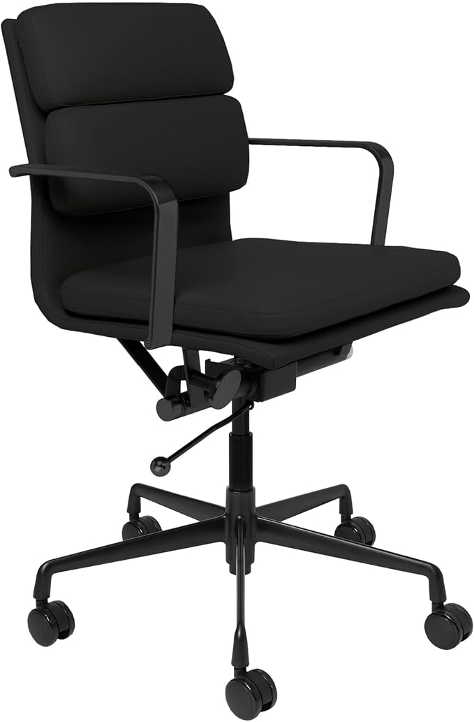 Laura Davidson Furniture SOHO II Padded Management Office Chair - Mid Back Desk Chair with Arm Rest, Swivel & Cushion Availability, Made of Faux Leather, All Black Limited Edition, Computer Chair-DeskLoop Office