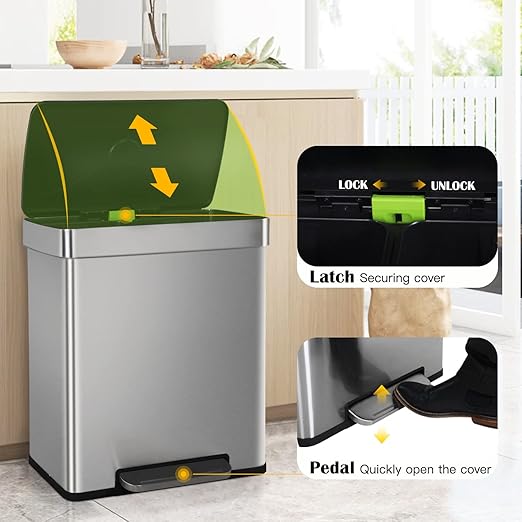 60 Liter Trash Can Soft-Close, Smude Resistant Trash Can with Foot Pedal-Brushed Stainless Steel and Two Independent Drums Waste Bin for Home, Kitchen, Office, Bathroom-DeskLoop Office
