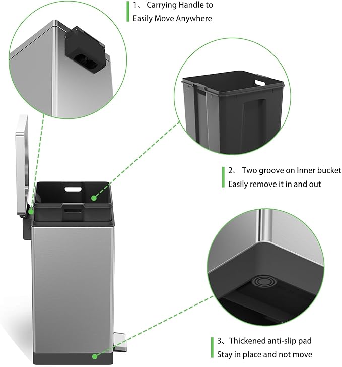 Trash Can with Lid - 30 Liter/8 Gallon Square Stainless Steel Trash Can with Odor Protection Kitchen Garbage Cans with Soft-Close Foot Pedal Step Bin for Bathroom Home Office Silver-DeskLoop Office