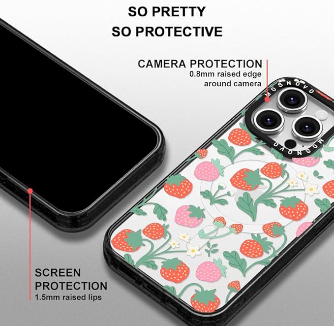 MOSNOVO Magnetic Case for iPhone 16 Pro, 10ft Military-Grade Protection, Compatible with Magsafe, Shockproof Phone Case for iPhone 16 Pro - Strawberry Garden - Clear Black-DeskLoop Office