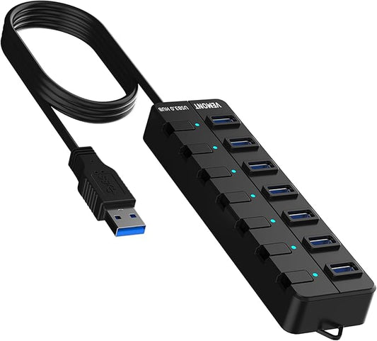 VEMONT 7-Port USB 3.0 Hub (Equipped with a 4-Foot Data Cable, Individual Switch, and Indicator Light, it Supports Data Transfer speeds of up to 5Gbps) Suitable for Desktop Computers and laptops.-DeskLoop Office