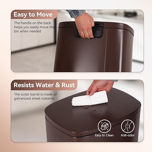 PayLessHere Stainless Steel Trash Can with Lid - Removable Inner Bucket, Foot Pedal Soft Close for Office, Home, Kitchen Garbage Bin (Brown, 13 G)-DeskLoop Office