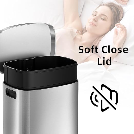 KUK 13 Gallon/50L Stainless Steel Kitchen Trash Can with Lid and Step Pedal-Large Capacity Garbage Bin with Odor Seal, Silent Close Lid, Removable Inner Bucket for Home, Kitchen, Bedroom, Silver-DeskLoop Office