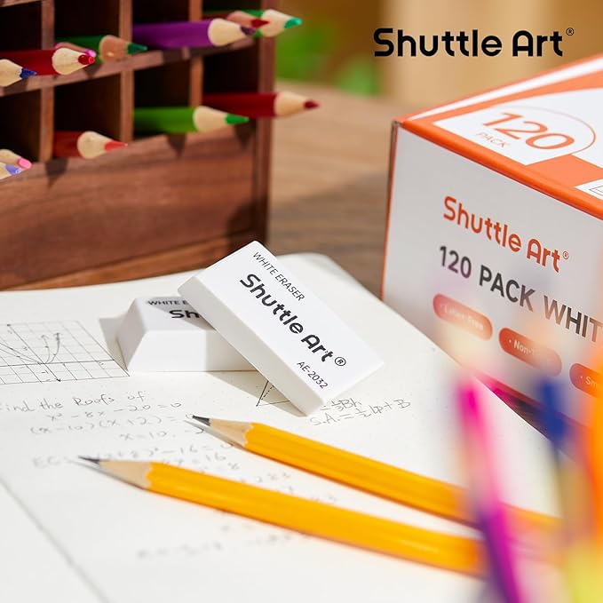 Shuttle Art White Erasers, 120 Pack Erasers Bulk, Smudge Resistant Eraser for Pencils, School Supplies for Kids, Students, Teachers, Office-DeskLoop Office