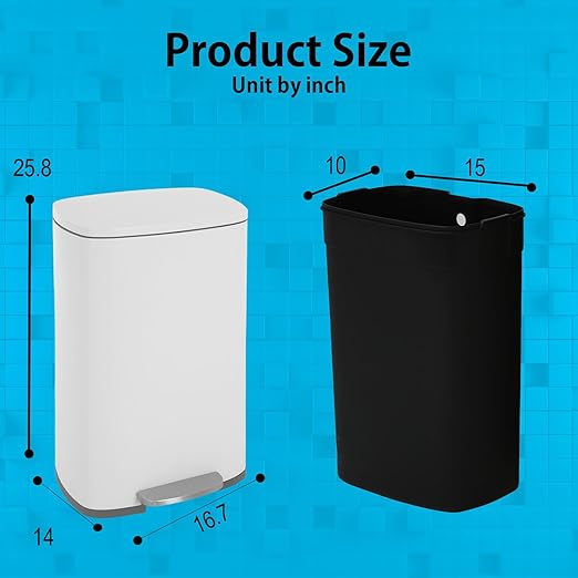 PayLessHere Stainless Steel Trash Can with Lid - Removable Inner Bucket, Foot Pedal Soft Close for Office, Home, Kitchen (White, 13 G)-DeskLoop Office