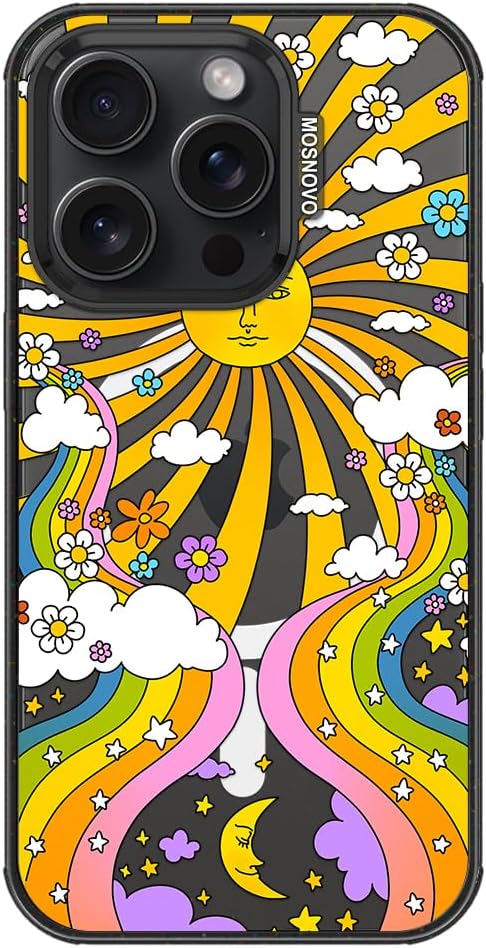 MOSNOVO Magnetic Case for iPhone 15 Pro, 10ft Military-Grade Protection, Compatible with Magsafe, Shockproof Phone Case for iPhone 15 Pro - 70's Psychedelic Groovy Art - Clear Black-DeskLoop Office