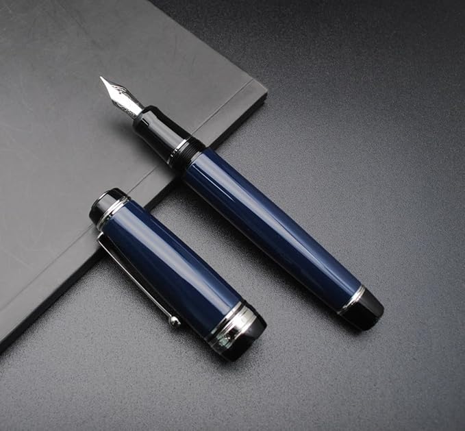 Metal Big Fountain Pen Set Medium Nib 0.7mm, Includes Ink Refill Converter, 5 Ink Cartridges & Gift Box (Medium Nib 0.7mm, Dark Blue with Silvery Clip)-DeskLoop Office