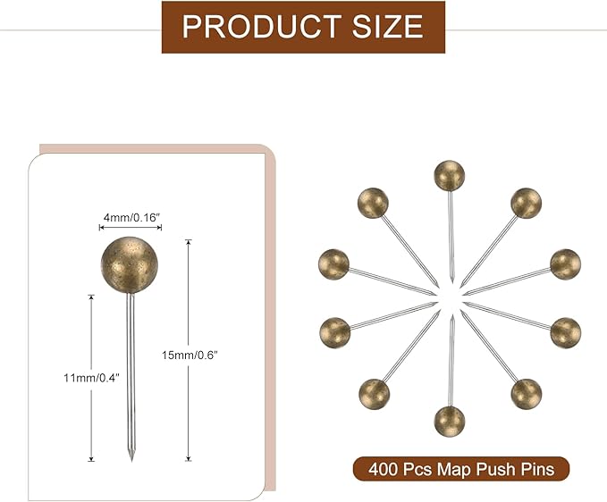 uxcell 800 Pcs Push Pins, Map Thumb Tacks 4mm Round Head Decorative Push Pins for Bulletin Board Home Office Travel Wall DIY Crafts Map Photo, Bronze-DeskLoop Office