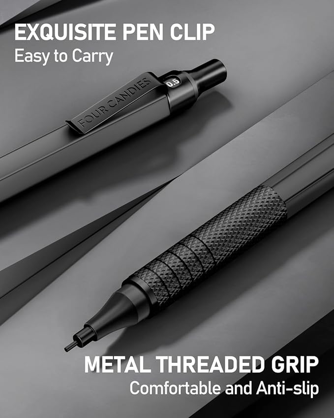 Four Candies 2PCS Metal Mechanical Pencils Set with Case, 0.5mm & 0.7 mm Artist Pencil with 6 Tubes (360PCS) HB Lead Refills, 3 Erasers,9 Eraser Refills For Writing Drafting, Drawing, Black&Silver-DeskLoop Office