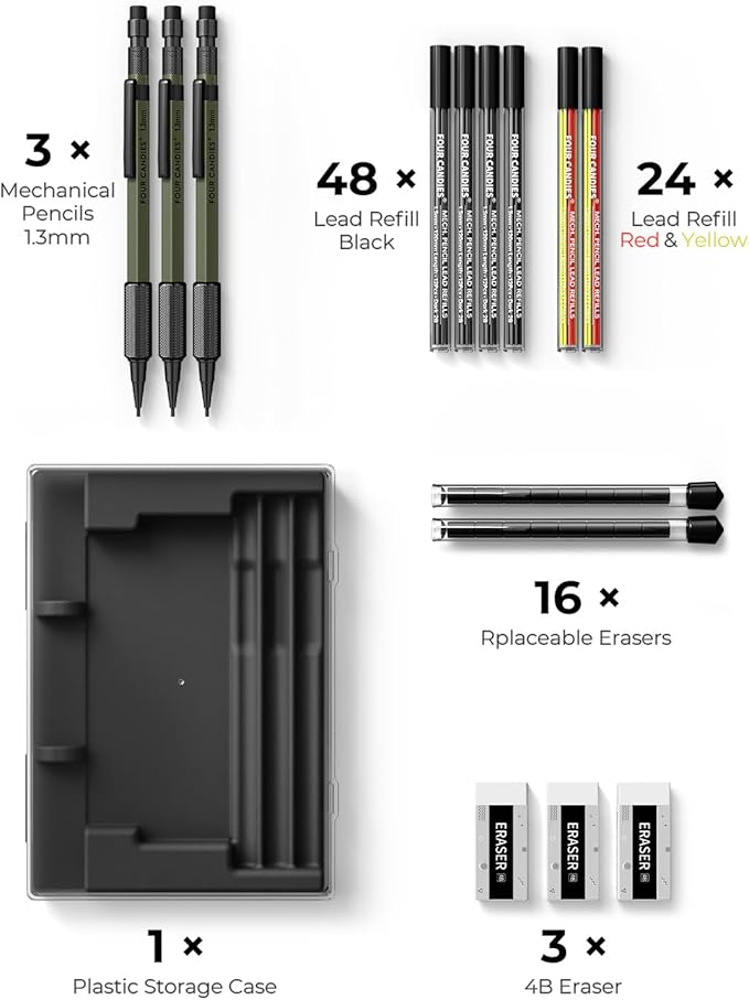 Four Candies 1.3mm Mechanical Pencil Set with 72 Lead Refill, 3PCS Metal Weatherproof Body Heavy Duty Carpenter Pencil, 3 Eraser, 16 Eraser Refill, for Outdoor Woodworking Drafting Marking with Case-DeskLoop Office