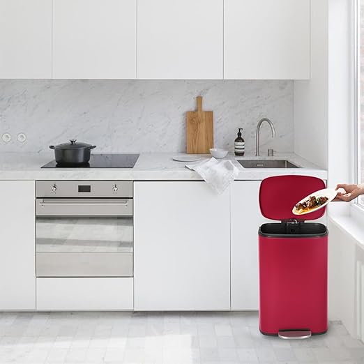 PayLessHere Stainless Steel Trash Can with Lid - Removable Inner Bucket, Foot Pedal, Soft Close for Office, Home, Kitchen (Red, 13 G)-DeskLoop Office