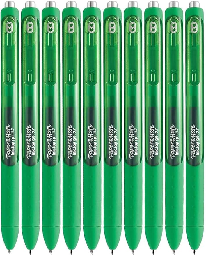 Paper Mate InkJoy Gel Pens, Green Ink, Medium Point (0.7mm), 10 Count, Bundle with Plastic Reusable Pouch-DeskLoop Office